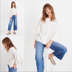 Madewell Ivory White Cream Tier-Sleeve Pullover Sweater in Coziest Yarn Small